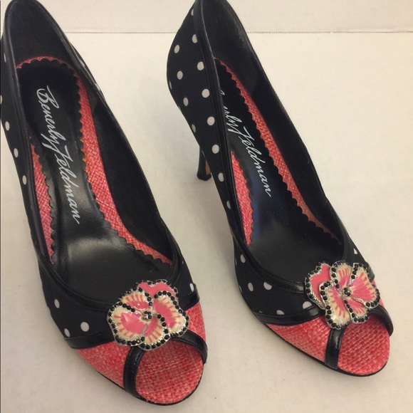 Beverly Feldman🌷Heels Sz 8 Blk/Wht Poka Dot - Picture 2 of 8